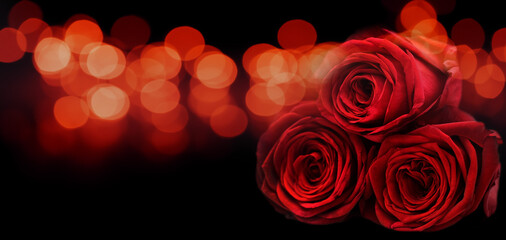 Fototapeta czerwone róże na czarnym tle, światła bokeh - Walentynki, dzień matki, koncepcja rocznicy, valentine's day obraz