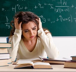 Young female math teacher in front of chalkboard