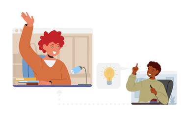 Kids Studying Remotely, Children Learn Classes At Home School, Web E-learning, Knowledge Concept With Schoolboys