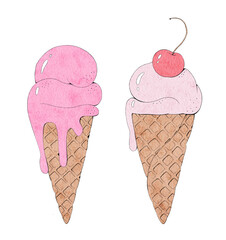 Hand drawn set with two Ice cream, watercolor illustration in sketch style, isolated on a white background