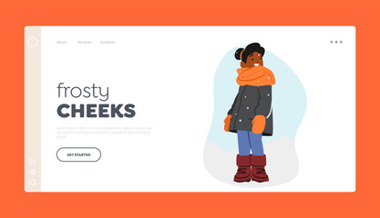 Wintertime Walk, Holidays Landing Page Template. Child Enjoy First Snow. Black Girl Character Looking on Snowflakes