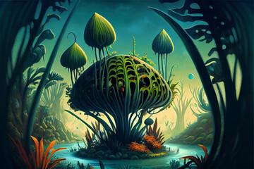 Fototapeta na wymiar alien planet vegetation, fantasy landscape, digital painting, background