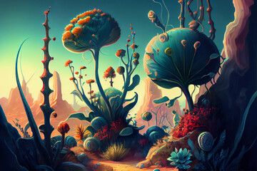 Obraz na płótnie Canvas alien planet vegetation, fantasy landscape, digital painting, background