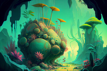 Fototapeta na wymiar alien planet vegetation, fantasy landscape, digital painting, background