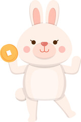 Cute rabbit mascot character with gold coins