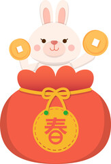 Cute rabbit mascot character with red bag with gold coins, chinese new year