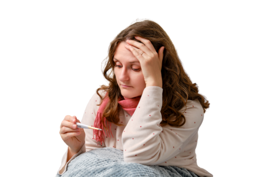 A sick woman looks at a thermometer in her hand in her hand, fever and high temperature, isolated on a white background. Adult ill woman with a red scarf, female aged 35 years