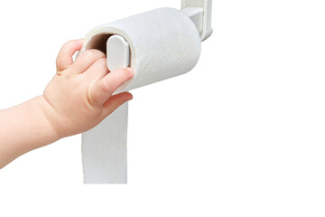 Toddler baby reaches for toilet paper, child s hand with hygiene products close-up, isolated on a white background. White toilet paper in the home bathroom and a baby hand