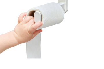 Toddler baby reaches for toilet paper, child s hand with hygiene products close-up, isolated on a white background. White toilet paper in the home bathroom and a baby hand