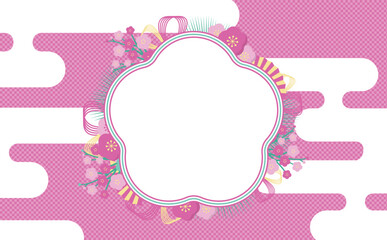 日本らしい紅白梅と水引の和風お祝いフレーム素材_ピンク_文字なし