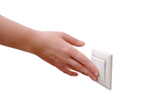 Woman reaches for the light switch, hand turns on the lamp close-up, isolated on a white background. White light switch in home room and man hand