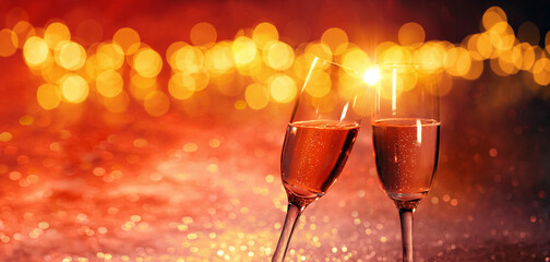 2023 Nowy Rok. Dwie lampki szampana na tle świateł bokeh, - obrazy, fototapety, plakaty