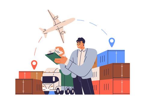 International cargo delivery concept. Logistics, supply chain manager organize multimodal transportation of goods, export and import by transport. Flat vector illustration isolated on white background