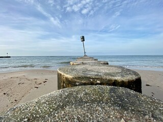 A wooden breakwater on the Baltic Sea protecting the shore from the waves
