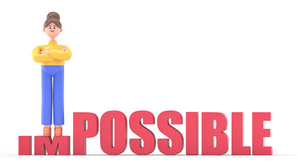 3D illustration of smiling woman Angela  turning impossible into possible.3D rendering on white background.
