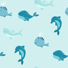 Blue whale with coral in the sea Cute cartoon background seamless pattern The design used for Textile, Clothing Pattern, Print, Wallpaper, Vector Illustration.