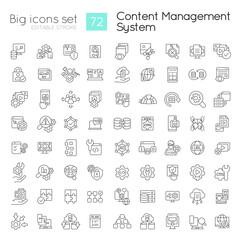 Content management system linear icons set. CMS features. Digital platform. Customizable thin line symbols. Isolated vector outline illustrations. Editable stroke. Quicksand-Light font used
