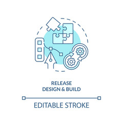 Design and build turquoise concept icon. Release management process step abstract idea thin line illustration. Isolated outline drawing. Editable stroke. Arial, Myriad Pro-Bold fonts used