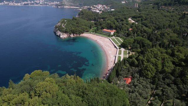 Milocer, Montenegro. Aerial View of King's Beach and Royal Villa Residence on Adriatic Coastline