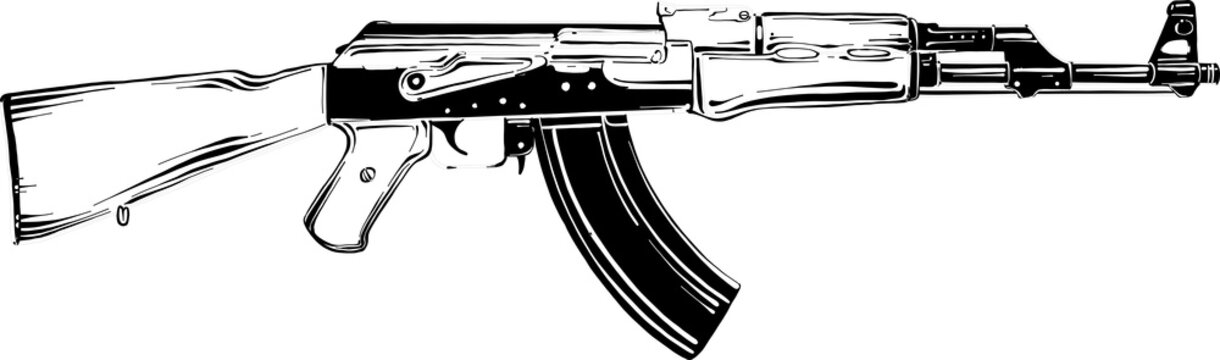PNG engraved style illustration for posters, decoration and print. Hand drawn sketch of Kalashnikov assault rifle in black isolated on white background. Detailed vintage etching style drawing.	
