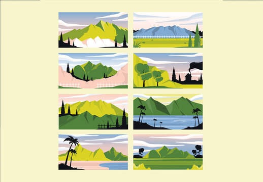 Broken White Flat Design Mountain Scenery Asset Illustration