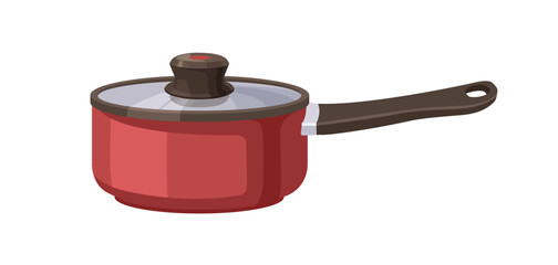 Obraz premium Saucepan covered with glass lid. Saute pan with long handle. Sauce pot, kitchen utensil for cooking. Modern metal stockpot. Flat vector illustration isolated on white background