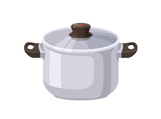 Stockpot with glass lid. Metal stock pot with handles. Covered closed saucepan. Stainless steel kitchen pan, clean utensil for cooking. Flat vector illustration isolated on white background
