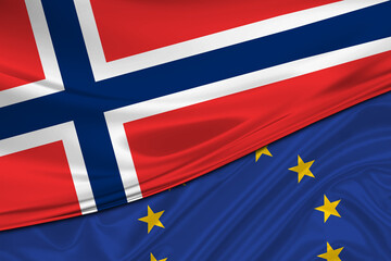 Flags of Norwey and Europe Union. International relationships.