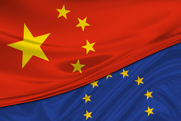 Flags of China and Europe Union. International relationships.