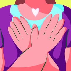 Woman holding a small heart shining while crossing her arms