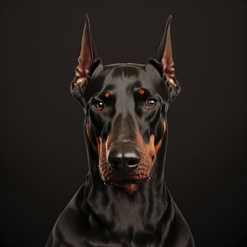 Detailed close up of a beautiful black doberman dog