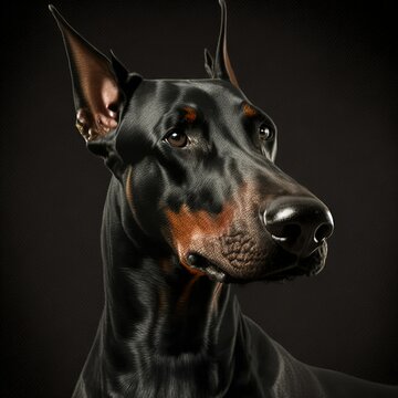 Detailed close up of a beautiful black doberman dog