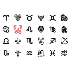 Zodiac signs black glyph big icons set on white space. Horoscope prediction. Astrological elements and their meaning. Silhouette symbols. Solid pictogram pack. Vector isolated illustration