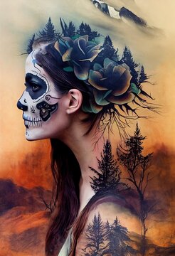 Double Exposure Of Human Face With Nature Elements, Dia De Los Muertes Theme, Not A Real Person