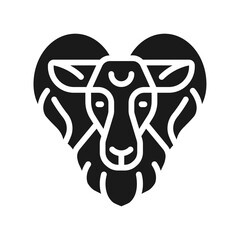 Ram head black glyph icon. Aries zodiac animal. Horoscope sign of western astrology. Male sheep. Horned mammal. Silhouette symbol on white space. Solid pictogram. Vector isolated illustration