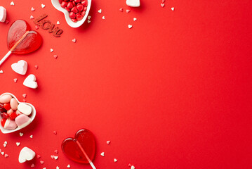 Valentine's Day concept. Top view photo of heart shaped plates with sweets candies lollipops inscription love and confetti on isolated red background with copyspace