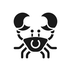 Crab black glyph icon. Fourth astrological sign. Cancer zodiac animal. Beach going creature. Marine arthropod. Silhouette symbol on white space. Solid pictogram. Vector isolated illustration