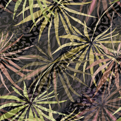 Seamless tropical pattern. Olive, brown palm leaves on a gray striped, spotted background.