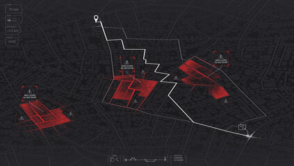 Closed area, district, road. Gps map navigation to own house. Detailed view of city. Decorative graphic tourist map City top view. Abstract background. Flat style, Vector, illustration isolated.