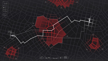 Closed area, district, road. Gps map navigation to own house. Detailed view of city. Decorative graphic tourist map City top view. Abstract background. Flat style, Vector, illustration isolated.