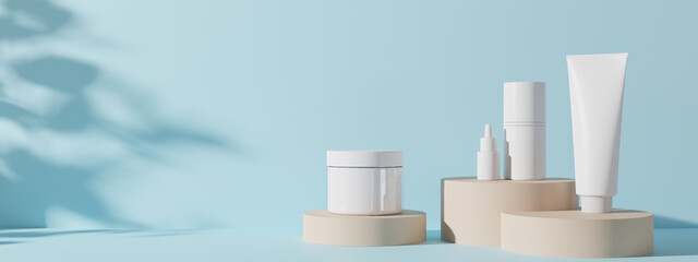 Group of white and blank, unbranded cosmetic cream jars and tubes on blue background. Skin care product presentation. Elegant mockup. Skincare, beauty and spa. Banner with copy space. 3D rendering.