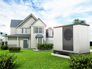 Heat pump in luxurious big house with a large garden. 3D illustration - obrazy, fototapety, plakaty
