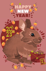 Ilustración de conejo de año nuevo chino 2023 con lettering y elementos festivos como plantas y sobres