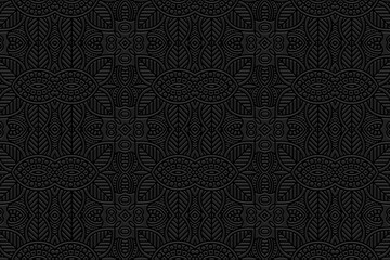 Embossed vintage black background, cover ethnic design. Press paper, handmade, doodle and zentangle technique. Tribal geometric 3d pattern. Fashionable themes of the East, Asia, India, Mexico, Aztecs,