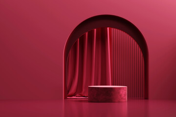 Abstract still life elegance red velvet podium platform product showcase with curtain 3d rendering - obrazy, fototapety, plakaty