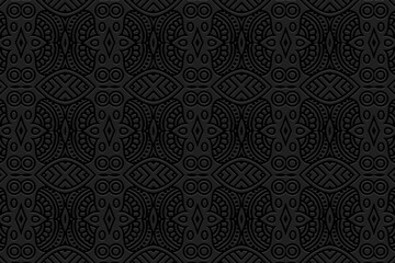 Embossed exotic black background, ethnic cover design. Press paper, handmade, doodle and zentangle technique. Tribal geometric 3d pattern. Fashionable themes of the East, Asia, India, Mexico, Aztecs, 