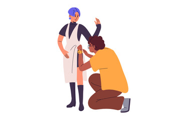 Tailor and customer. Dressmaker designer adjusting, fitting garment, clothes for woman. Seamstress works with client. Dressmaking process. Flat vector illustration isolated on white background