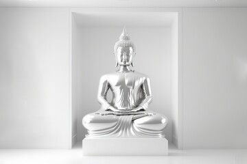 Silver buddha in luxury room. LED light built in, minimalist, 3D rendering