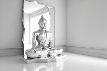 Polygon Silver buddha in luxury room. LED light built in, minimalist, 3D rendering