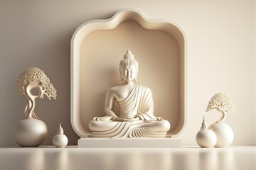 white buddha in luxury room. LED light built in, minimalist, 3D rendering